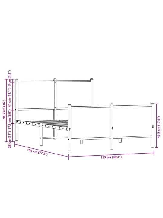 Metallist voodiraam peatsi ja jalutsiga pruun tamm 120x190cm