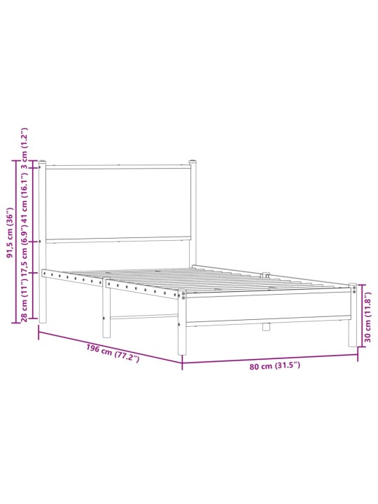 Metallist voodiraam ilma madratsita suitsutatud tamm 75x190 cm