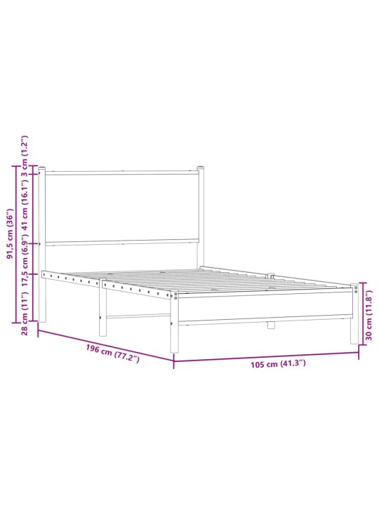 Metallist voodiraam ilma madratsita suitsutatud tamm 100x190 cm