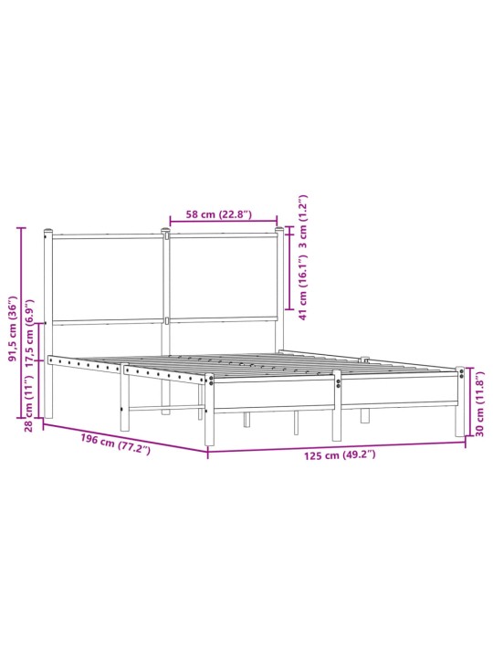 Metallist voodiraam ilma madratsita suitsutatud tamm 120x190 cm