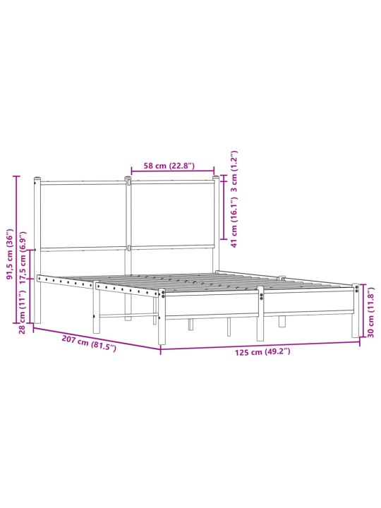 Metallist voodiraam ilma madratsita suitsutatud tamm 120x200 cm