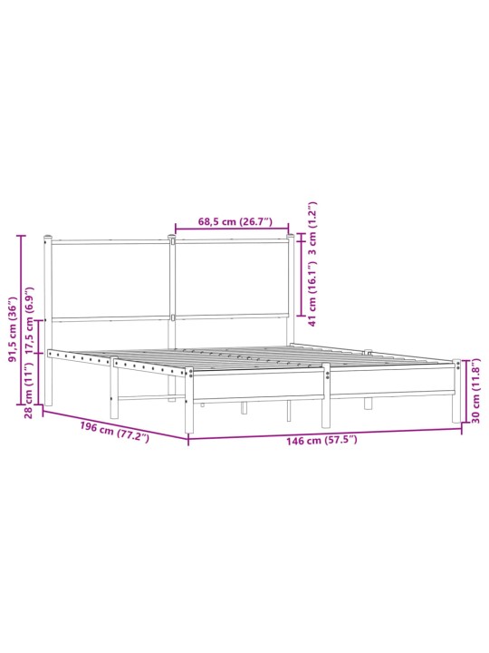 Metallist voodiraam ilma madratsita suitsutatud tamm 140x190 cm