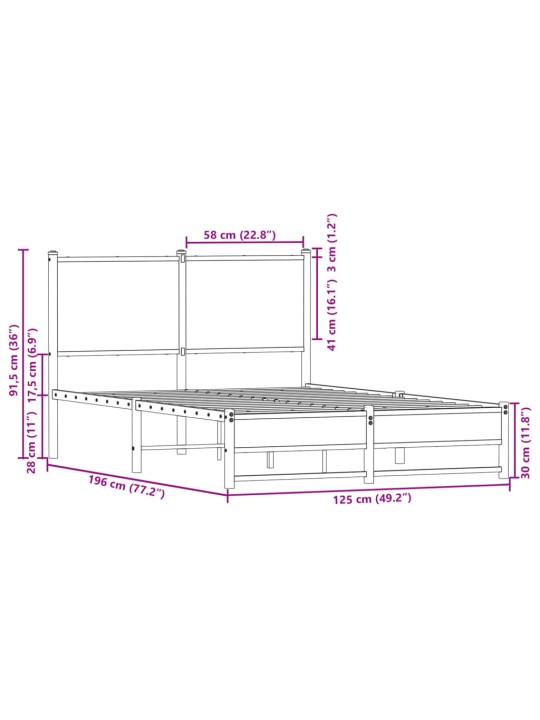 Metallist voodiraam ilma madratsita suitsutatud tamm 120x190 cm