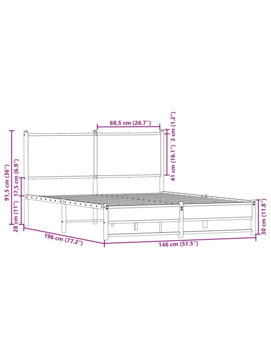 Metallist voodiraam ilma madratsita suitsutatud tamm 140x190 cm