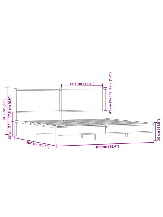 Metallist voodiraam ilma madratsita suitsutatud tamm 160x200 cm