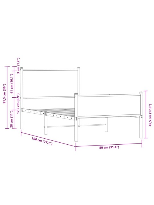 Metallist voodiraam ilma madratsita suitsutatud tamm 75x190 cm