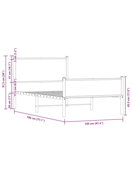 Metallist voodiraam ilma madratsita suitsutatud tamm 100x190 cm