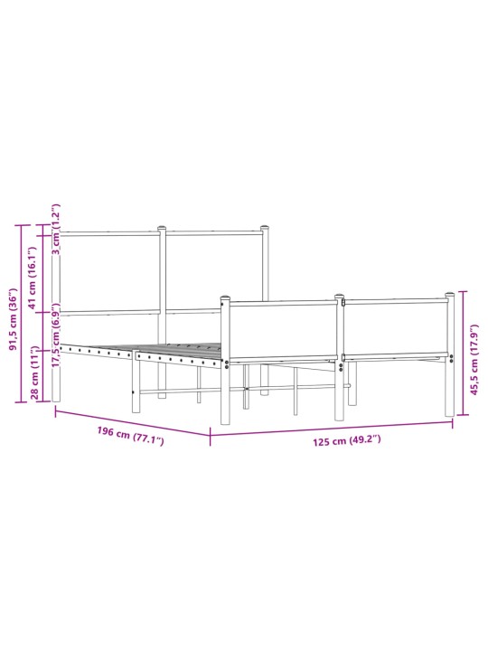 Metallist voodiraam ilma madratsita suitsutatud tamm 120x190 cm