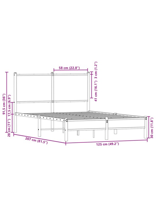 Metallist voodiraam peatsiga, pruun tamm, 120x200 cm