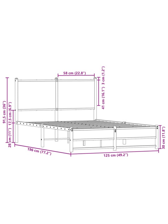 Metallist voodiraam peatsiga, pruun tamm, 120x190 cm