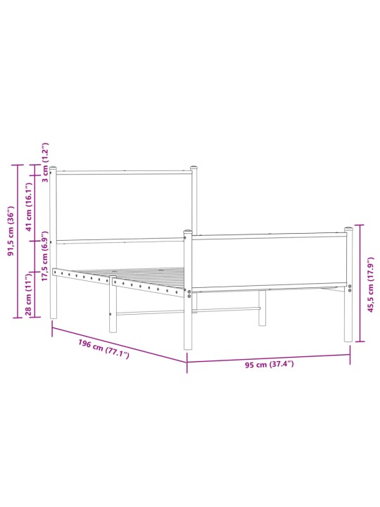 Metallist voodiraam peatsi ja jalutsiga pruun tamm 90x190 cm