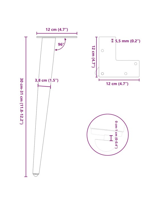 Kohvilaua jalad, 4 tk, koonusekujuline, must, 30-31 cm teras