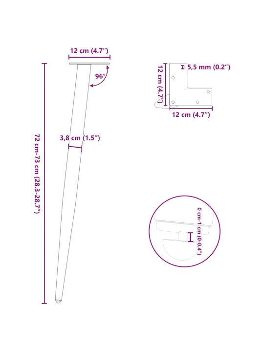 KONSOOLLAUA JALAD, KOONUSEKUJULISED, 4 TK, MUSTAD, 72–73 CM, TERASEST