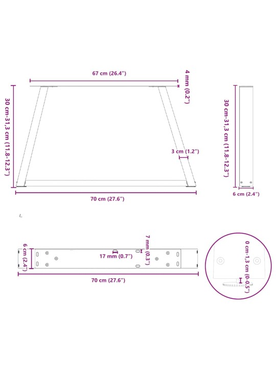 KOHVILAUA JALAD V-KUJULISED 2 TK, ANTRATSIITHALL, 70 X (30-31,3) CM, TERAS