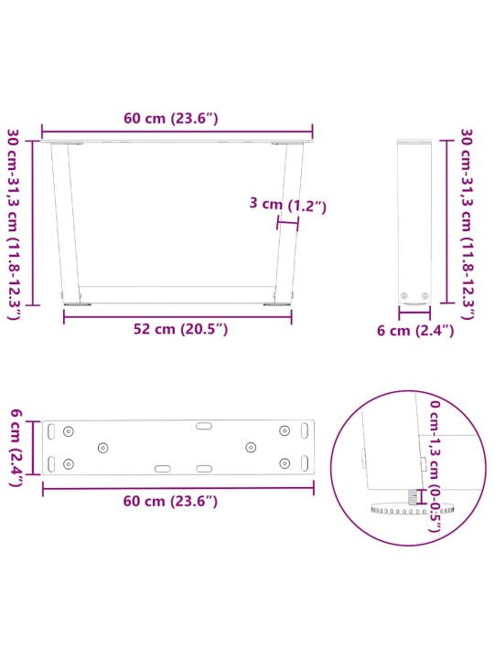 KOHVILAUA JALAD V-KUJULISED 2 TK, ANTRATSIITHALL, 60 X (30-31,3) CM, TERAS