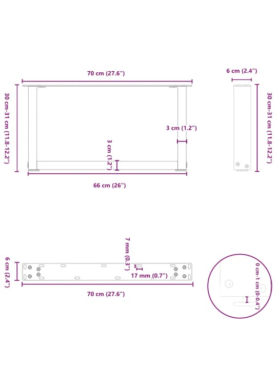 Kohvilaua jalad, u-kujuline, 2 tk, must, 70x(30-31) cm teras