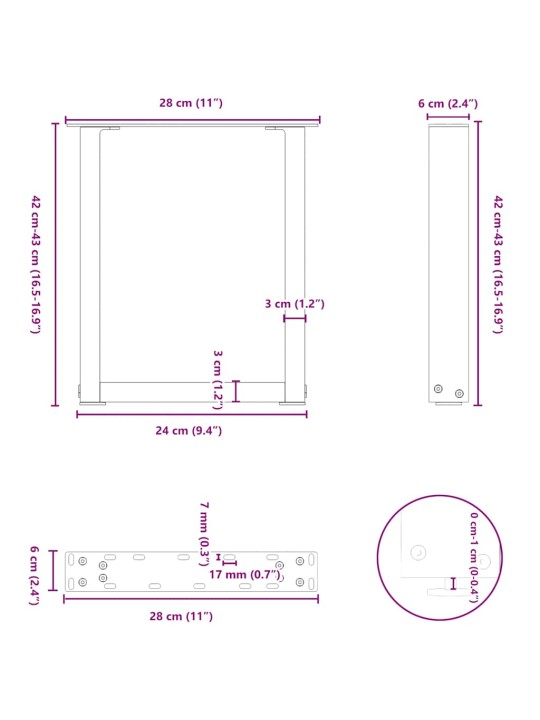 Kohvilaua jalad u-kujuline 2 tk antratsiit 28x(42-43) cm teras