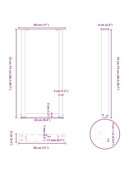 Kohvilaua jalad u-kujuline 2 tk antratsiit 28x(72-73) cm teras