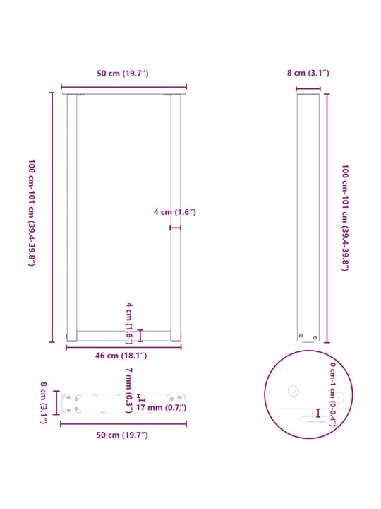 Kohvilaua jalad u-kujuline 2 tk antratsiit 50x(100-101)cm teras