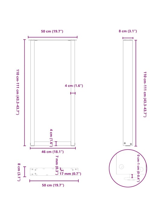 Kohvilaua jalad, u-kujuline, 2 tk, valge, 50x(110-111) cm teras