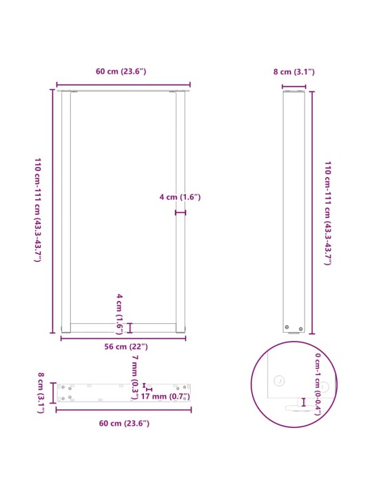 Kohvilaua jalad u-kujuline 2 tk antratsiit 60x(110-111)cm teras