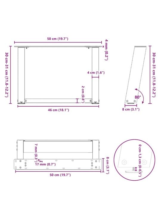 Kohvilaua jalad, u-kujuline, 2 tk, must, 50x(30-31) cm teras