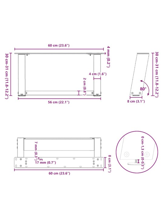 Kohvilaua jalad u-kujuline 2 tk antratsiit 60x(30-31) cm teras