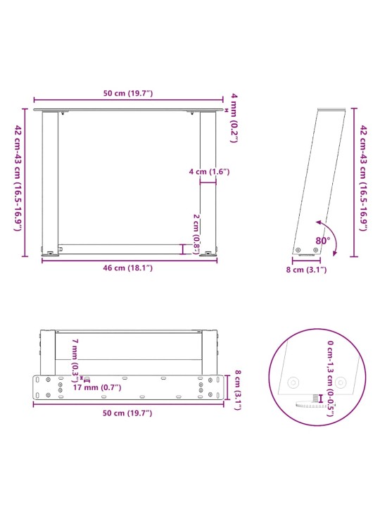 Kohvilaua jalad u-kujuline 2 tk antratsiit 50x(42-43) cm teras