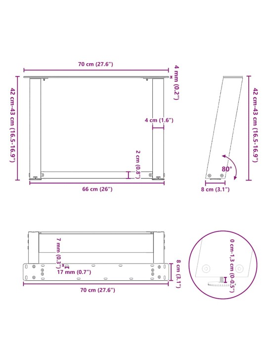 Kohvilaua jalad u-kujuline 2 tk antratsiit 70x(42-43) cm teras