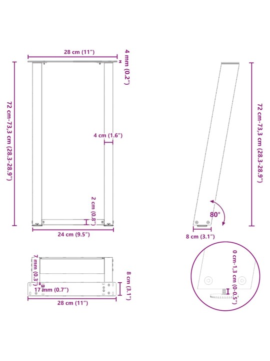 KONSOOLLAUA JALAD U-KUJULISED, 2 TK, MUSTAD, 28 X (72–73) CM, TERAS