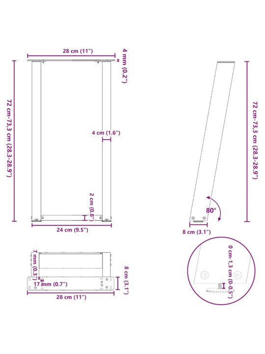 KONSOOLLAUA JALAD U-KUJULISED, 2 TK, VALGED, 28 X (72–73) CM, TERAS