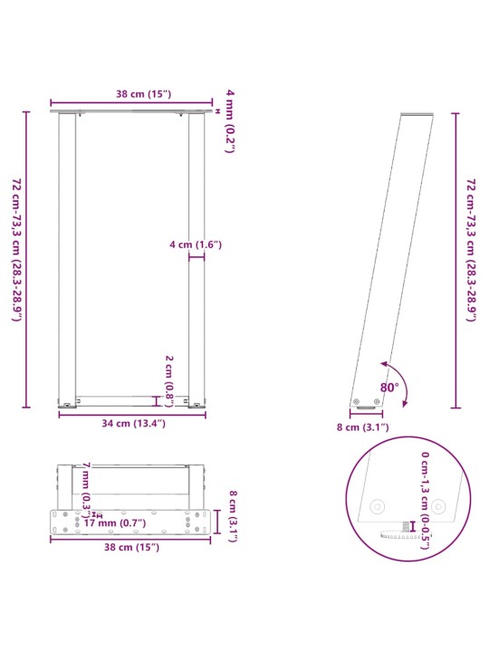 KONSOOLLAUA JALAD U-KUJULISED, 2 TK, MUSTAD, 38 X (72–73) CM, TERAS