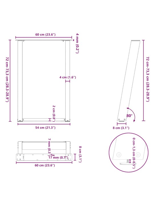 SÖÖGILAUA JALAD U-KUJULISED 2 TK MUSTAD 60 X (72-73) CM TERASEST