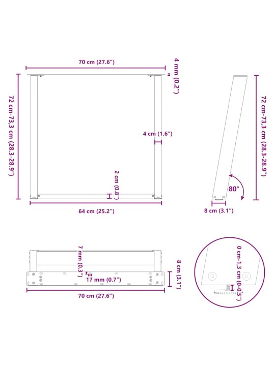 SÖÖGILAUA JALAD U-KUJULISED 2 TK MUSTAD 70 X (72-73) CM TERASEST