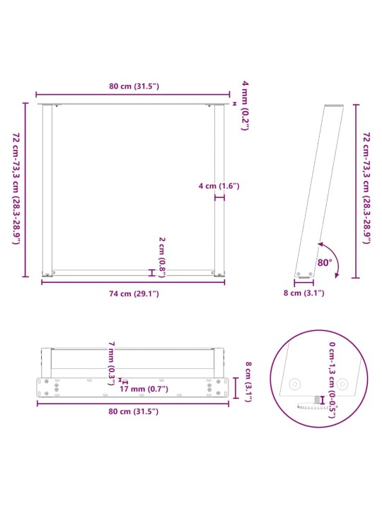 SÖÖGILAUA JALAD U-KUJULISED, 2 TK, VALGED, 80 X (72–73) CM, TERAS