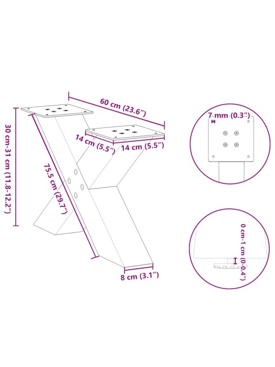 KOHVILAUA JALAD X-KUJULISED 2 TK, NATURAALNE TERAS, 60 X (30–31) CM, TERAS
