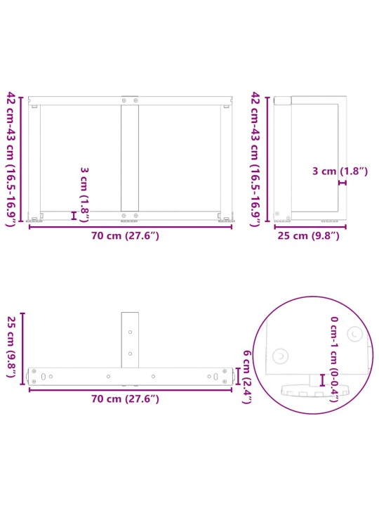 KOHVILAUA JALAD T-KUJULISED 2 TK, ANTRATSIITHALL, 70 X 25 X (42-43) CM, TERAS