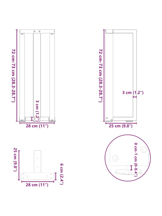 KONSOOLLAUA JALAD, T-KUJULISED, 2 TK, MUSTAD, 25 X 28 X (72–73) CM, TERAS