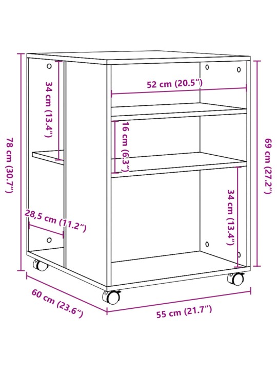 Ratastel lisalaud, must, 55 x 60 x 78 cm, tehispuit