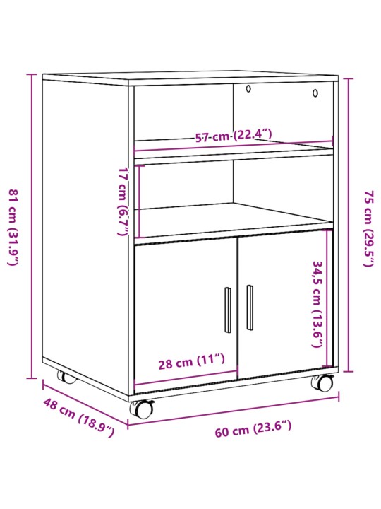 Ratastel kapp, must, 60 x 48 x 81 cm, tehispuit