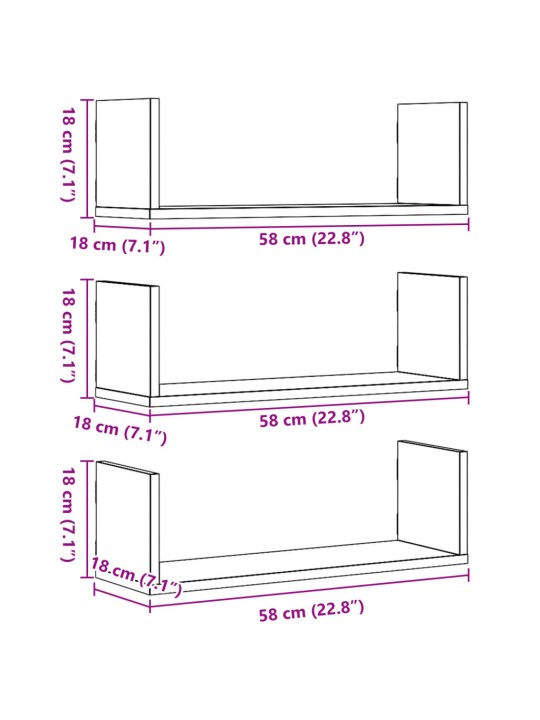 Seinariiulid 3 tk, valge, 58 x 18 x 18 cm, tehispuit