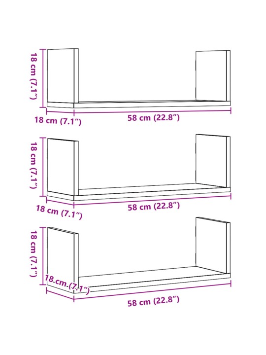 Seinariiulid 3 tk, must, 58 x 18 x 18 cm, tehispuit