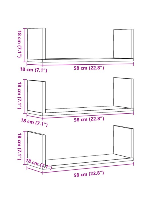 Seinariiulid 3 tk, sonoma tamm, 58x18x18 cm, tehispuit