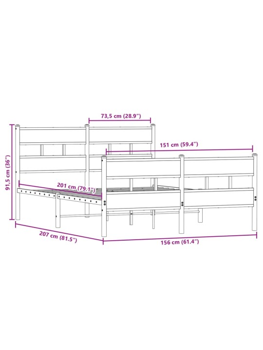 Metallist voodiraam ilma madratsita suitsutatud tamm 150x200 cm