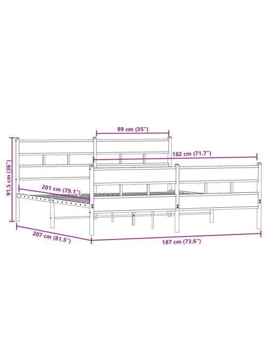 Metallist voodiraam ilma madratsita suitsutatud tamm 180x200 cm