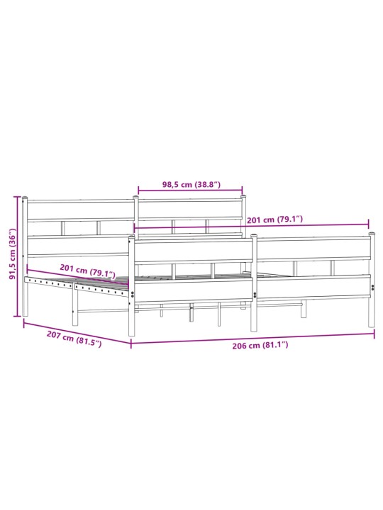 Metallist voodiraam ilma madratsita suitsutatud tamm 200x200 cm