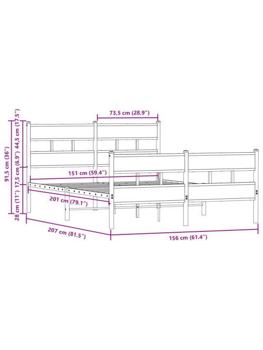 Metallist voodiraam ilma madratsita pruun tamm 150x200 cm