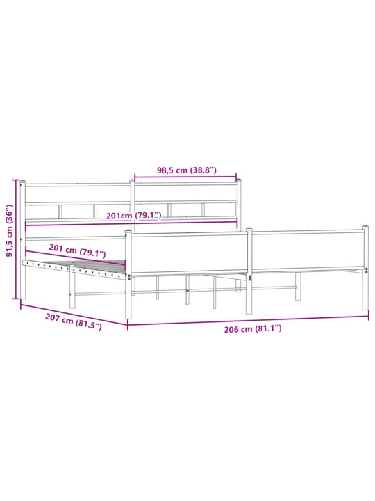 Metallist voodiraam ilma madratsita suitsutatud tamm 200x200 cm