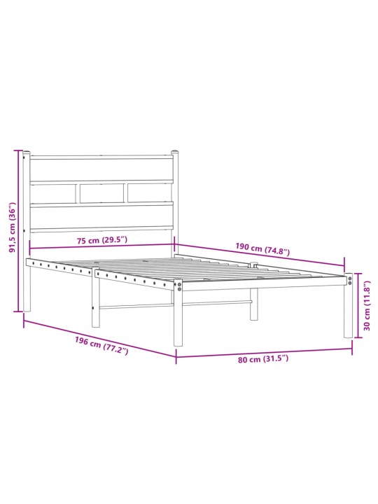 Metallist voodiraam ilma madratsita suitsutatud tamm 75x190 cm