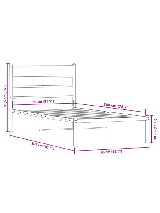 Metallist voodiraam ilma madratsita suitsutatud tamm 80x200 cm